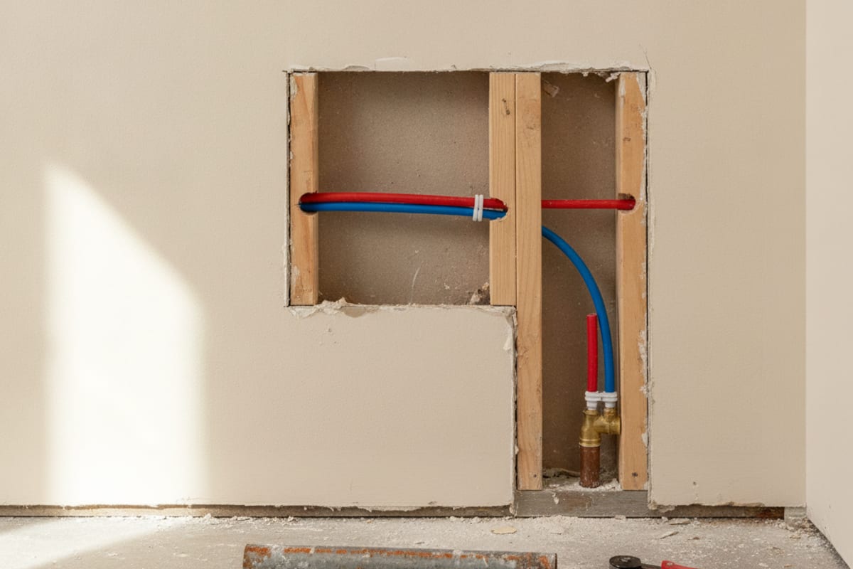 Pared interior abierta en una casa de Tampa con tubería PEX nueva roja y azul corriendo entre los montantes hasta unas conexiones de bronce cerca del piso, y un tramo cortado de tubería vieja y oxidada sobre el concreto
