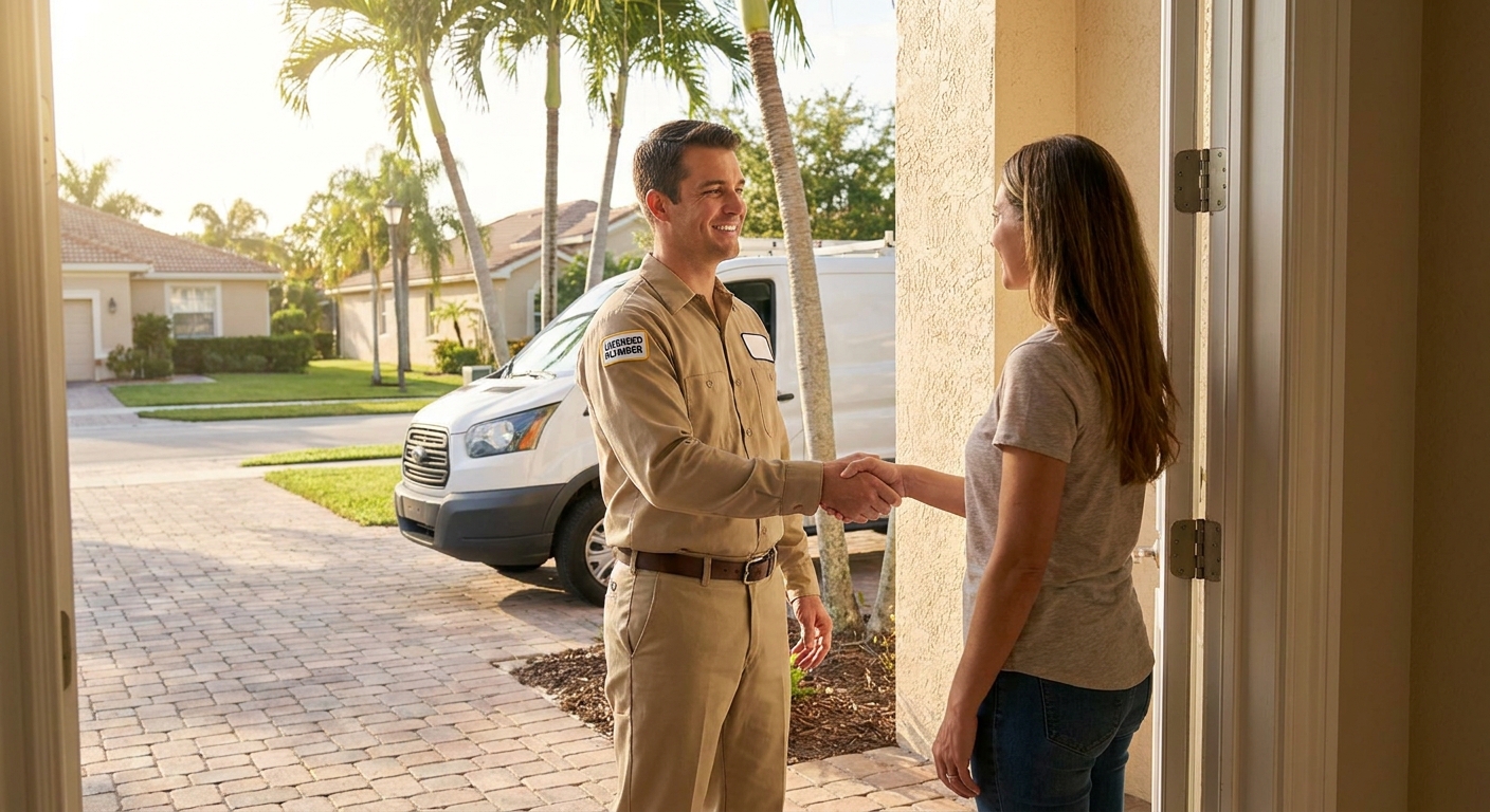 Licensed Tampa Bay plumber reviewing an itemized estimate with a homeowner