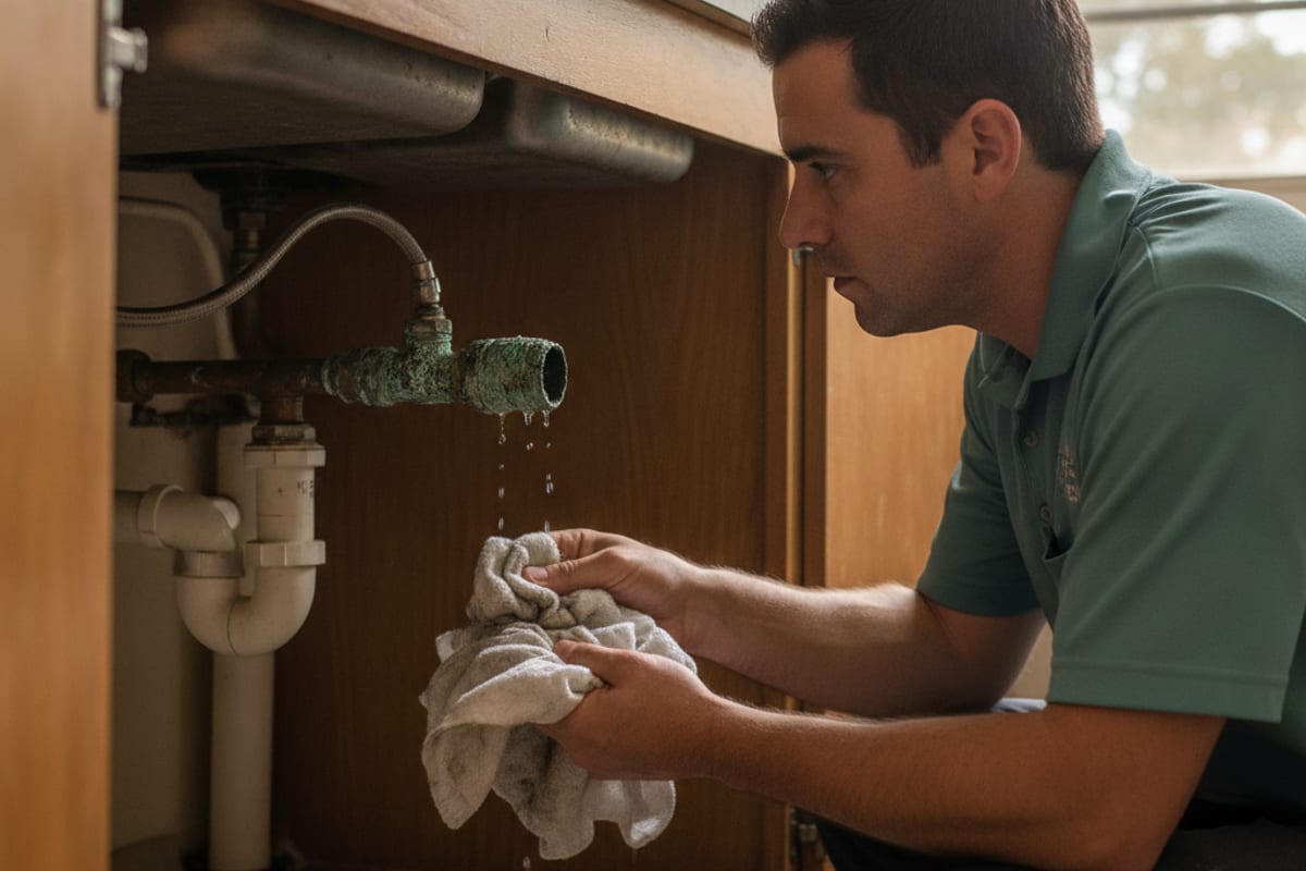 Plumber diagnosing a corroded copper coupling under the sink of a Pinellas Park home
