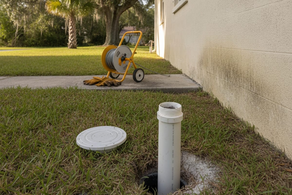 Registro de limpieza de PVC blanco destapado en el césped junto a una casa de Tampa, con su tapa redonda en la grama y una máquina de cable amarilla en el andén