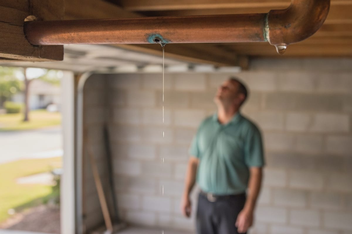 Water streaming from a pinhole ringed with blue-green corrosion on a copper water line beneath the ceiling joists of a Tampa Bay garage