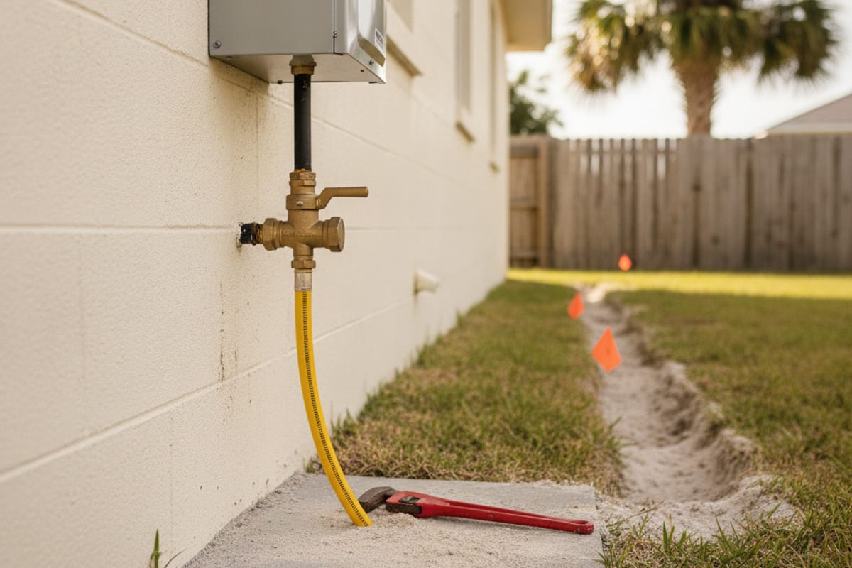 Yellow-coated flexible gas line connecting through a bronze shutoff valve to the underside of a wall-mounted tankless water heater on a concrete block Tampa home, with a red pipe wrench on the slab and a freshly backfilled utility trench marked by orange flags crossing the lawn