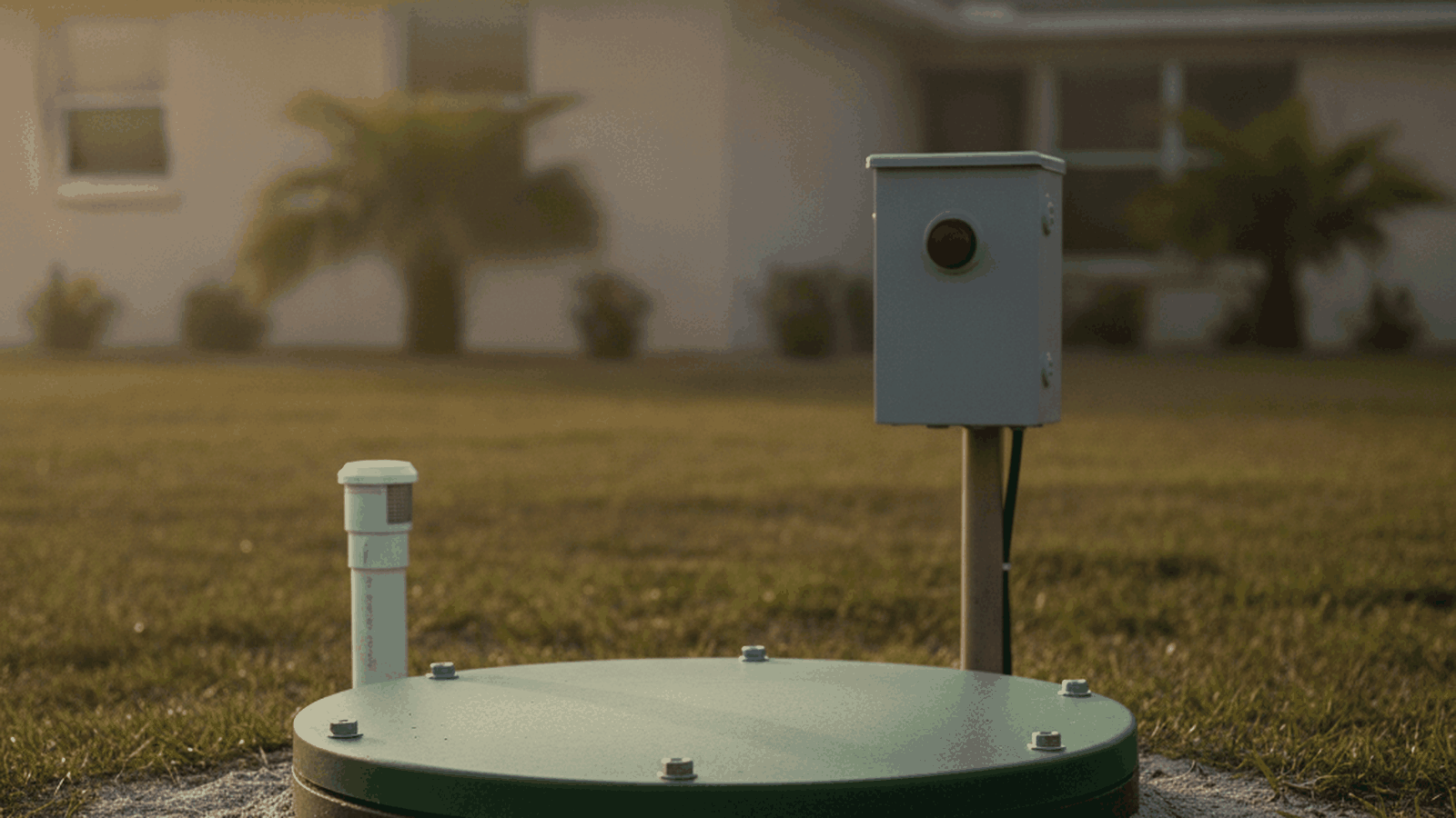 A green grinder pump basin lid and gray electrical control panel sitting in a sandy Florida yard.