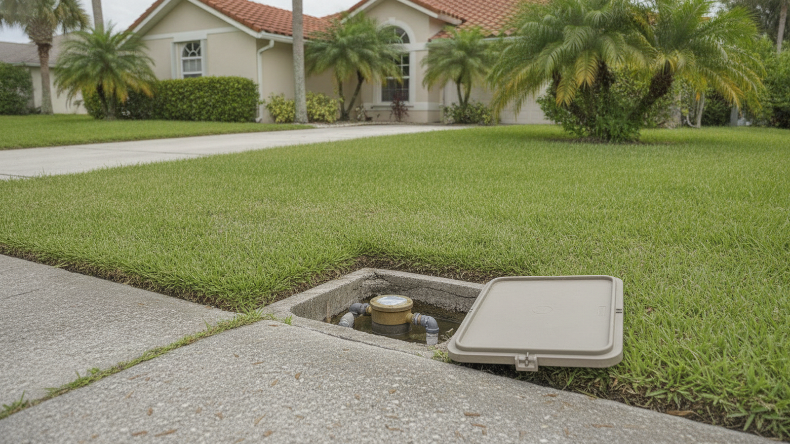 An open residential water meter box at the curb in a green Florida front yard, with no people or text