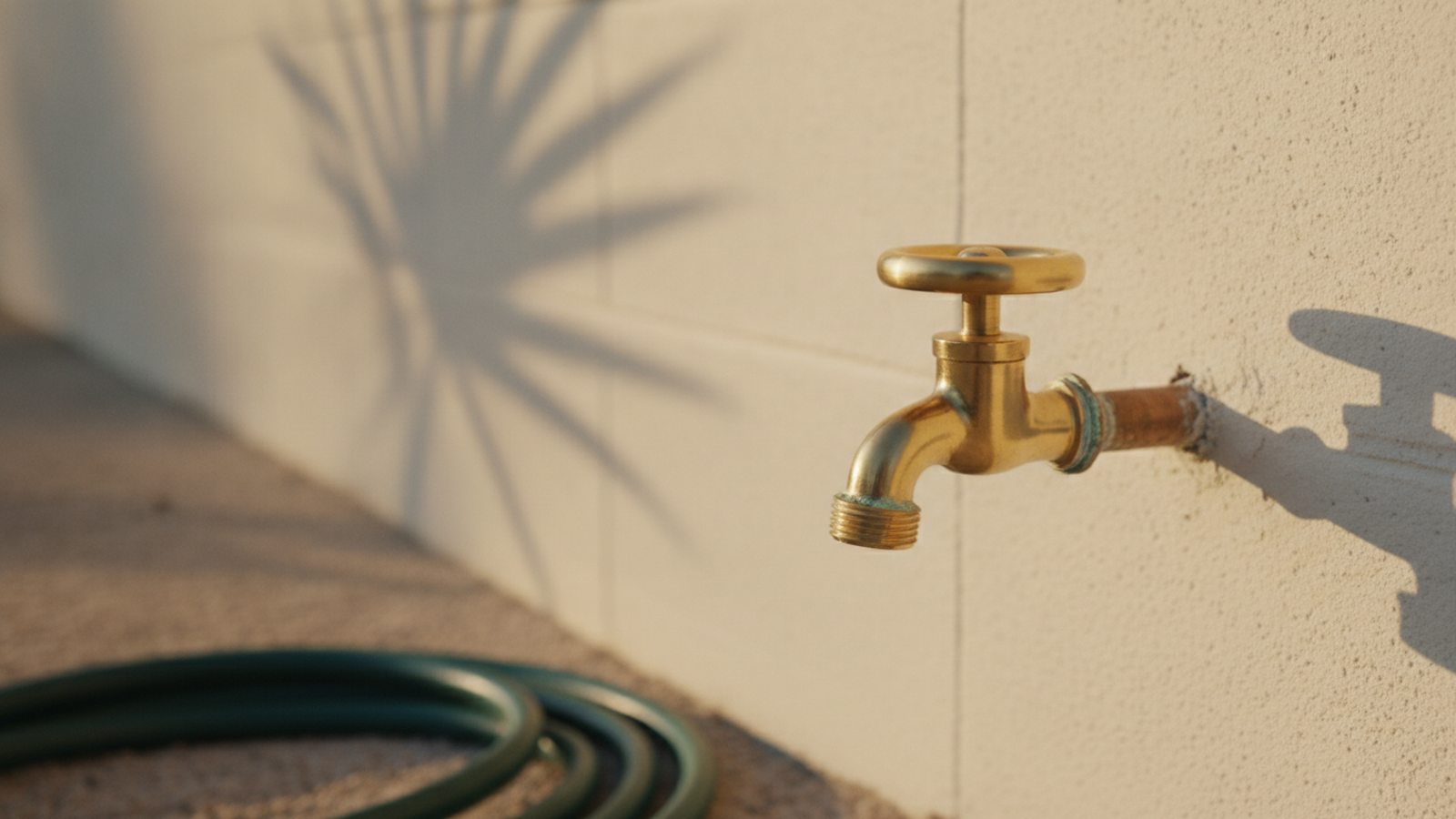 Brass outdoor hose bib mounted on a sunlit Florida block wall