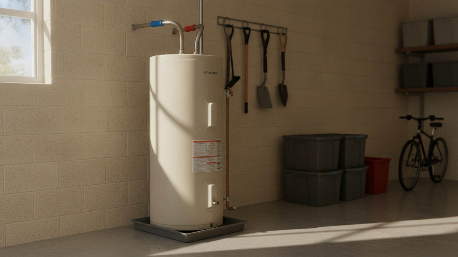 Residential water heater in a Florida garage with no people or text