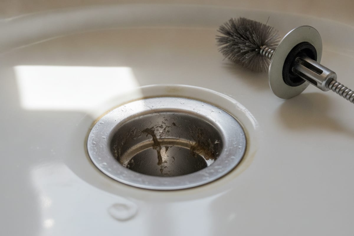 Open chrome drain flange in a white porcelain bathroom sink with dark brown organic film coating the inside of the pipe just below the rim, and a stiff bristled drain brush on a flexible stem resting on the basin beside it