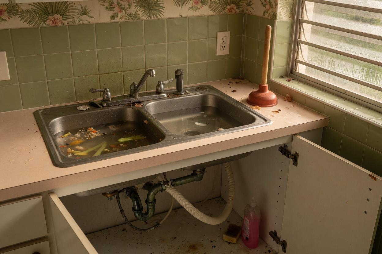 Standing water in a Tampa Bay kitchen sink with the cabinet open to show the P-trap