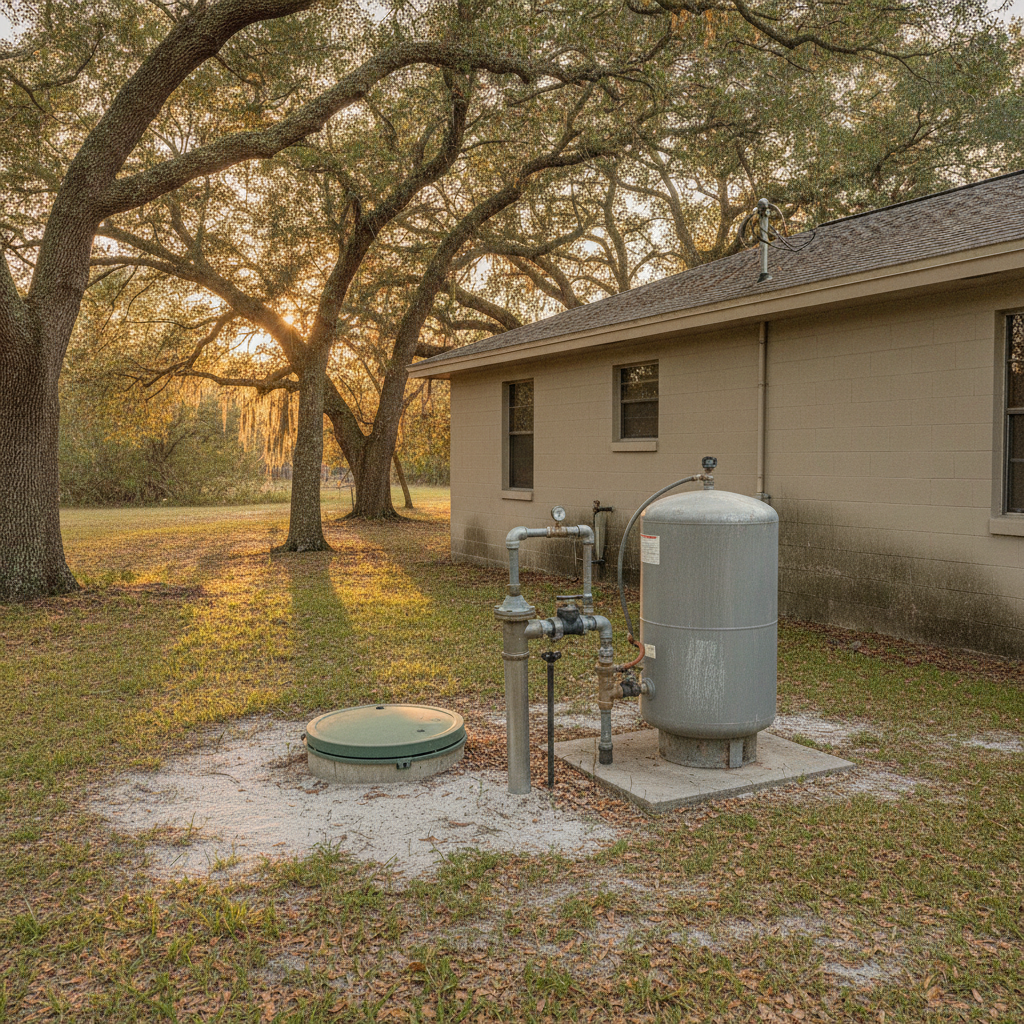 Well head and green septic lid on a sandy rural Odessa, Florida lot under live oaks