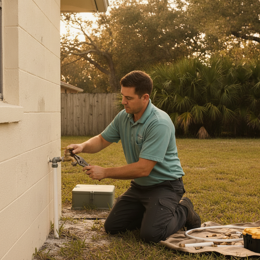 Licensed plumber at a salt-weathered hose bib on a Palm Harbor ranch with a city water meter in the grass