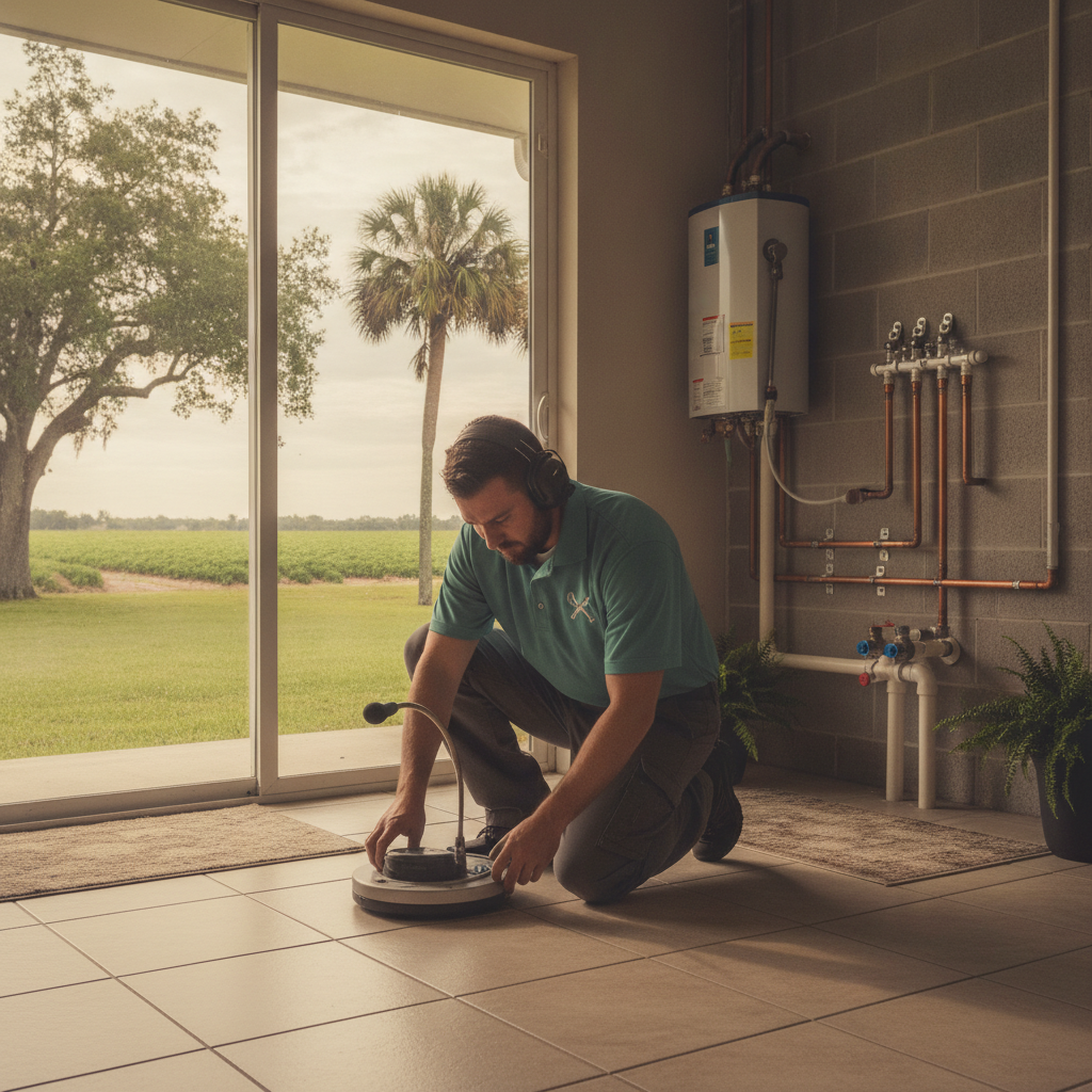 Plumber checking a slab ranch floor in Plant City with strawberry fields outside