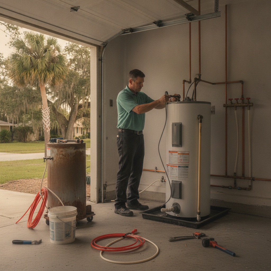 Plumber setting a bathroom faucet on a Tampa Bay vanity with the supply lines open