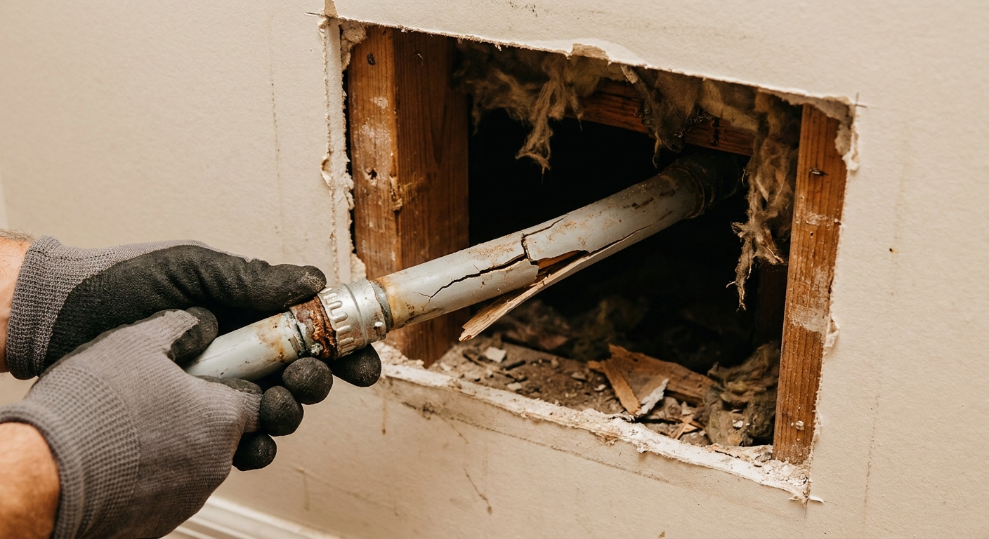 Gray polybutylene supply pipe being removed from a Tampa home wall during a repipe
