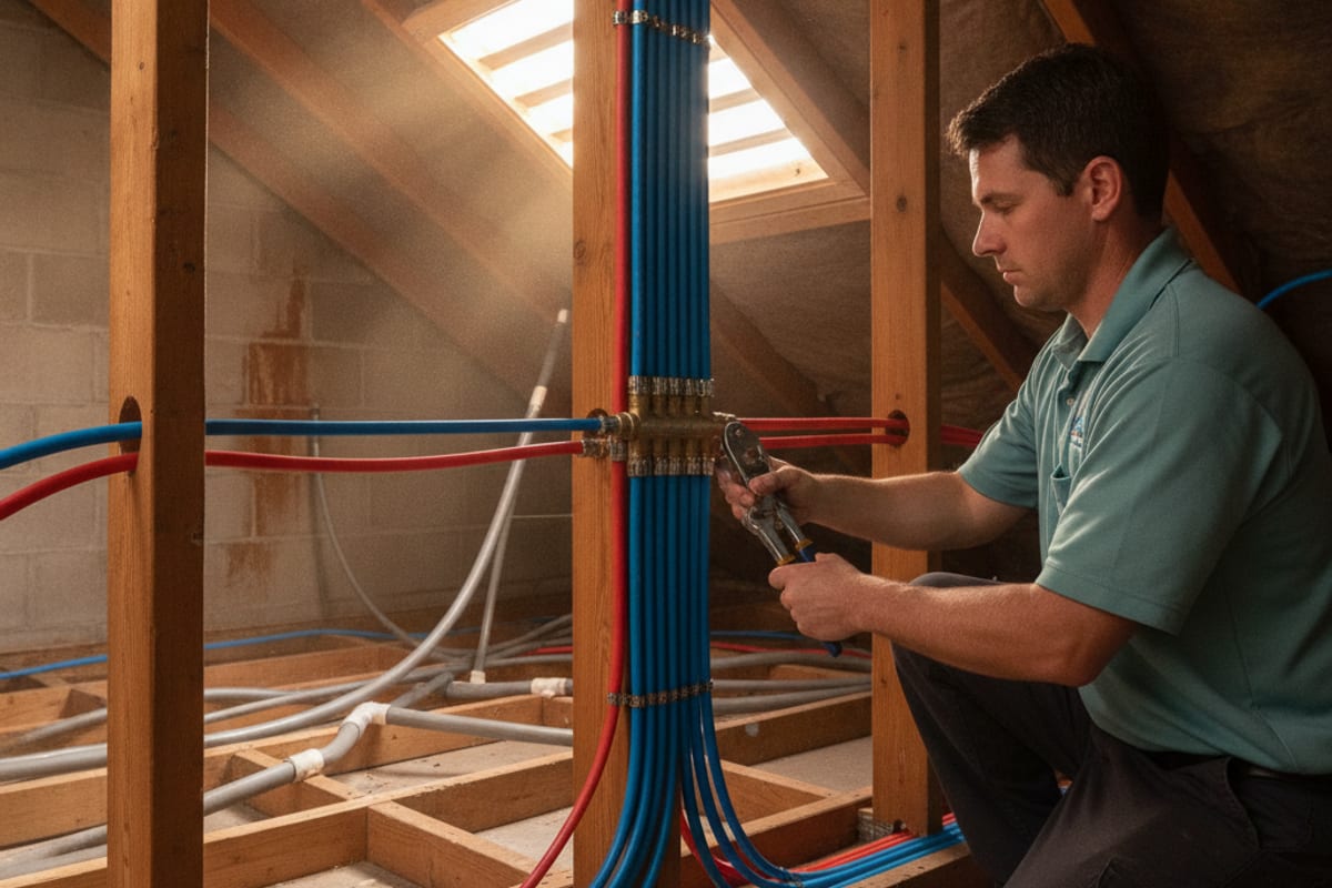 New color-coded PEX lines radiating from a central manifold in a Tampa Bay attic during a whole-home repipe