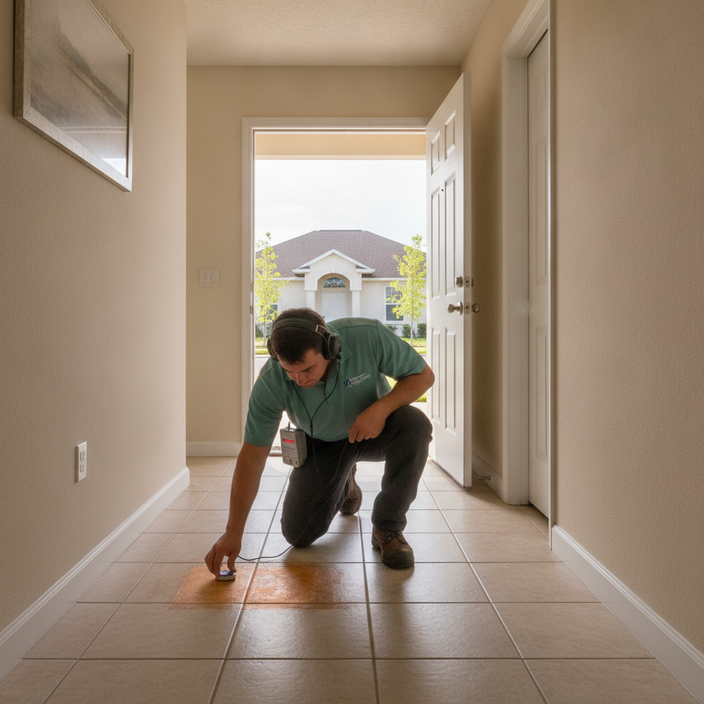 Plumber using a listening device on tile in a Riverview Florida slab ranch