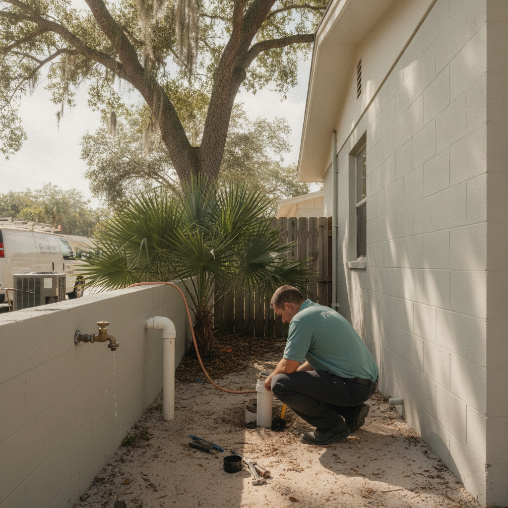 Plumber at a side-yard cleanout of a 1960s Seminole ranch with a salt-weathered hose bib