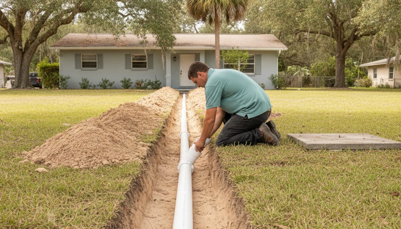 A new sewer lateral pipe being laid in a Tampa Bay yard to replace an old septic system