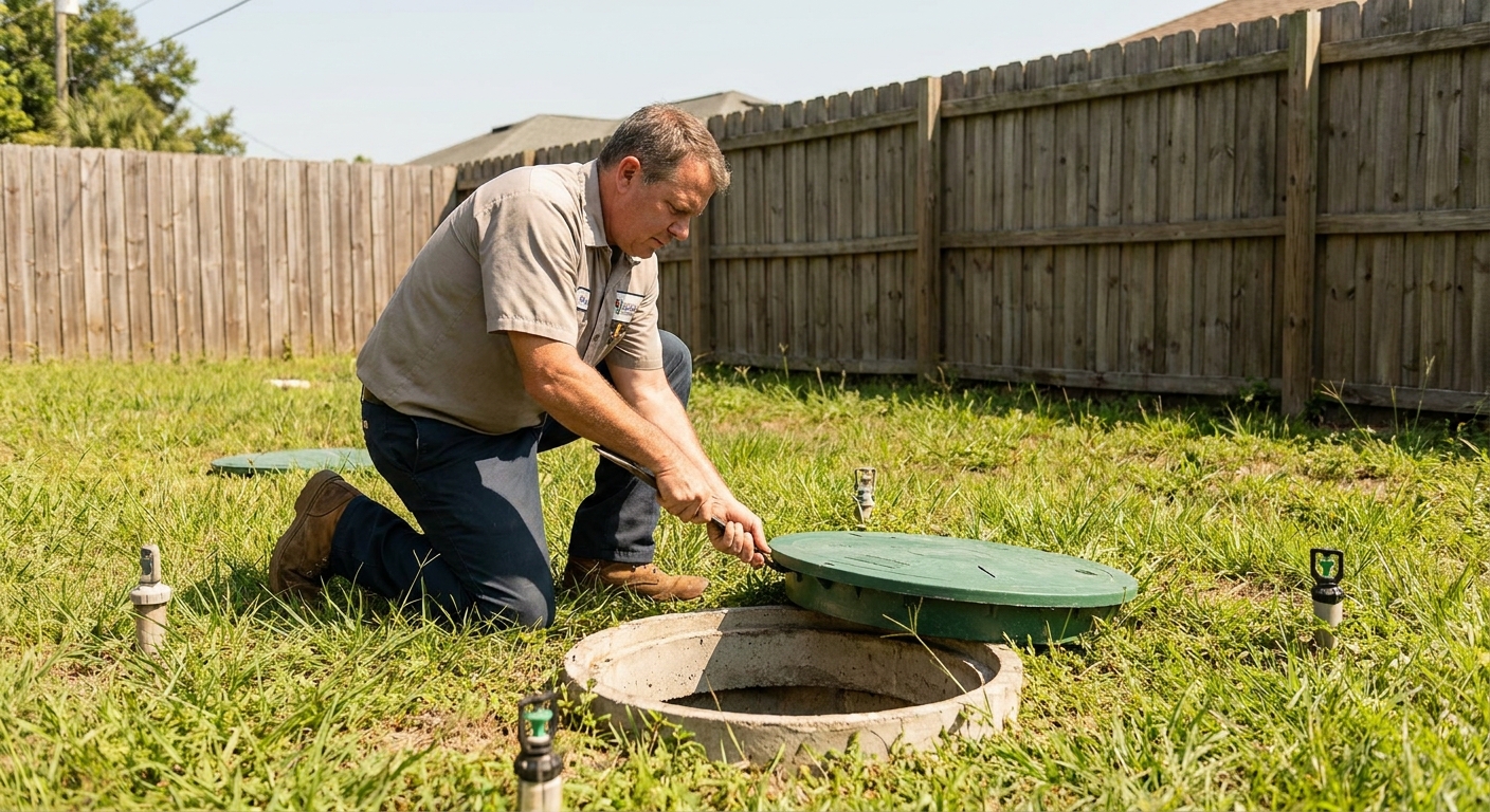 Plumber inspecting a septic tank access lid in a Tampa suburb yard