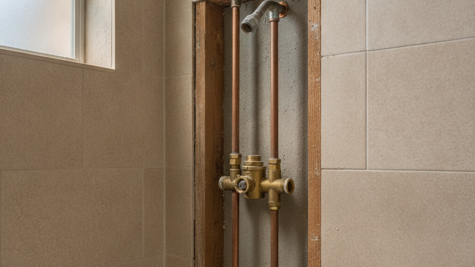 Brass shower valve body and copper risers exposed in an opened tile wall above a tub in a Tampa Bay bathroom