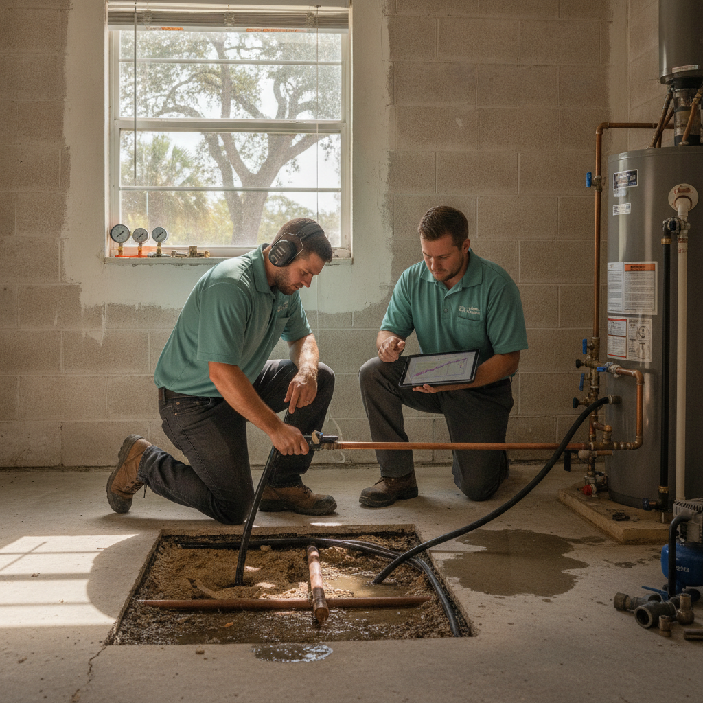 Plumber using leak detection gear on a tile floor in a Tampa Bay home