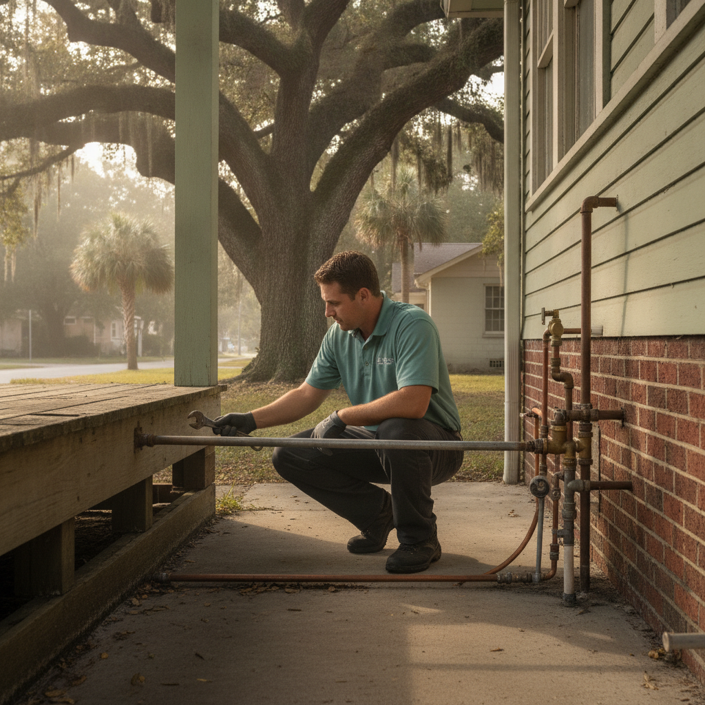 Plumber inspecting a galvanized supply line under a Hyde Park bungalow porch