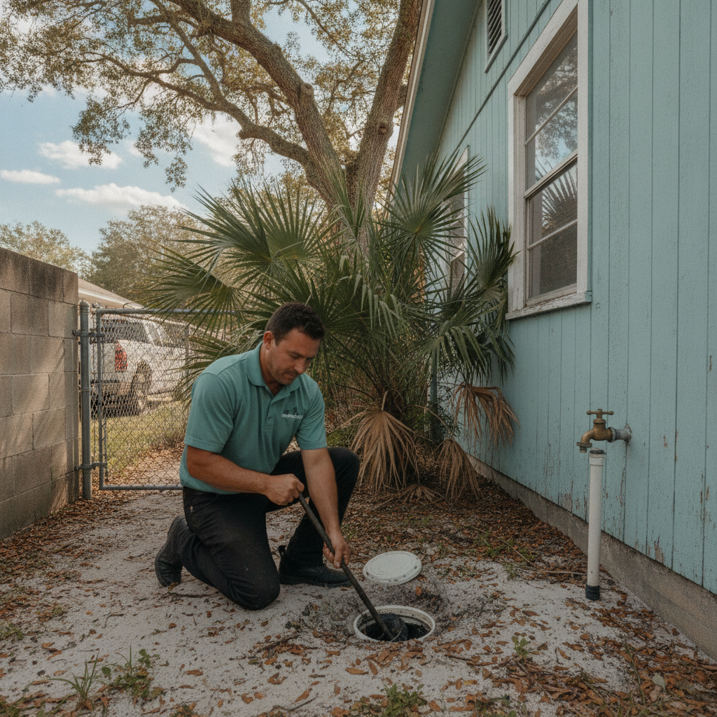 Licensed plumber at a 1950s St. Petersburg bungalow side-yard cleanout beside a salt-weathered hose bib