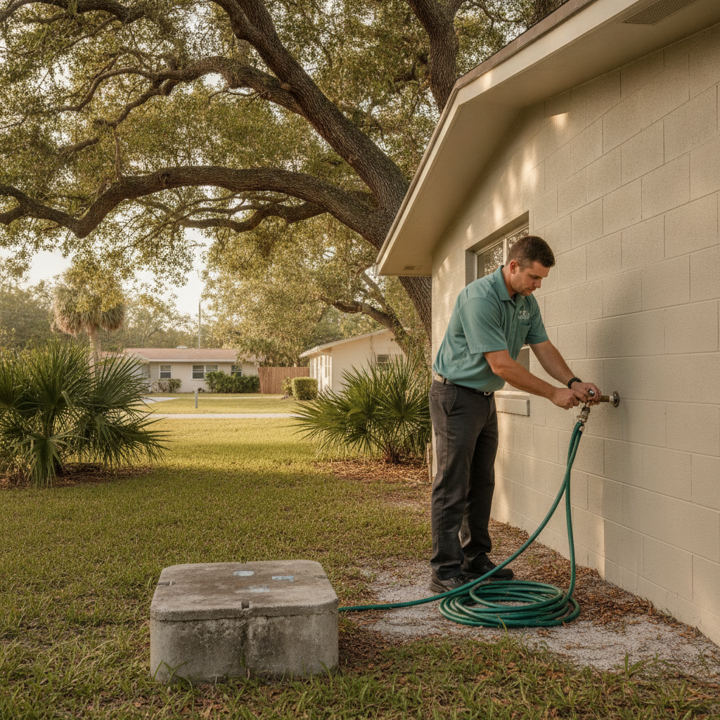 Licensed plumber at a hose bib on a 1960s Temple Terrace ranch under live oaks, city water meter in the grass
