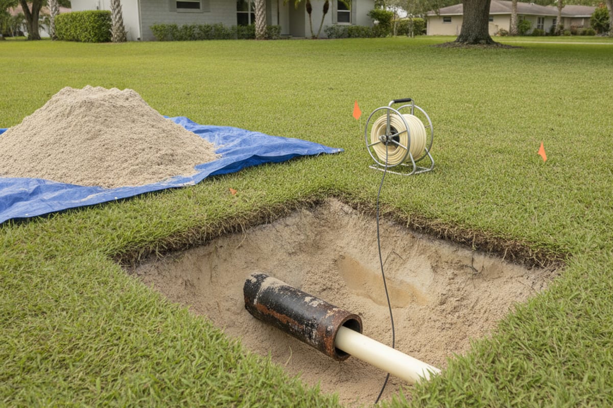 Rusted cast iron sewer pipe lying in a small sand-walled access pit cut into a Tampa Bay lawn, with a pale liner tube fed through its open end from a reel on the grass