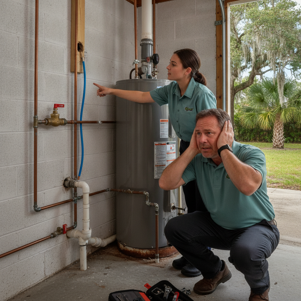 Tampa Bay homeowner in a laundry room as pipes bang after a washing machine valve shuts off