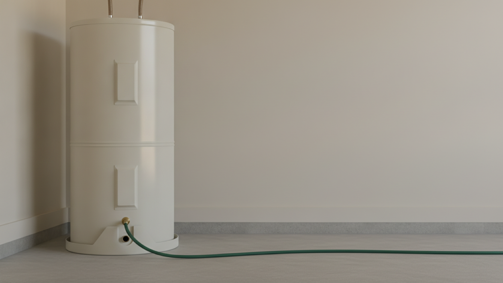 Residential garage water heater with a garden hose connected to the drain valve, with no people or text