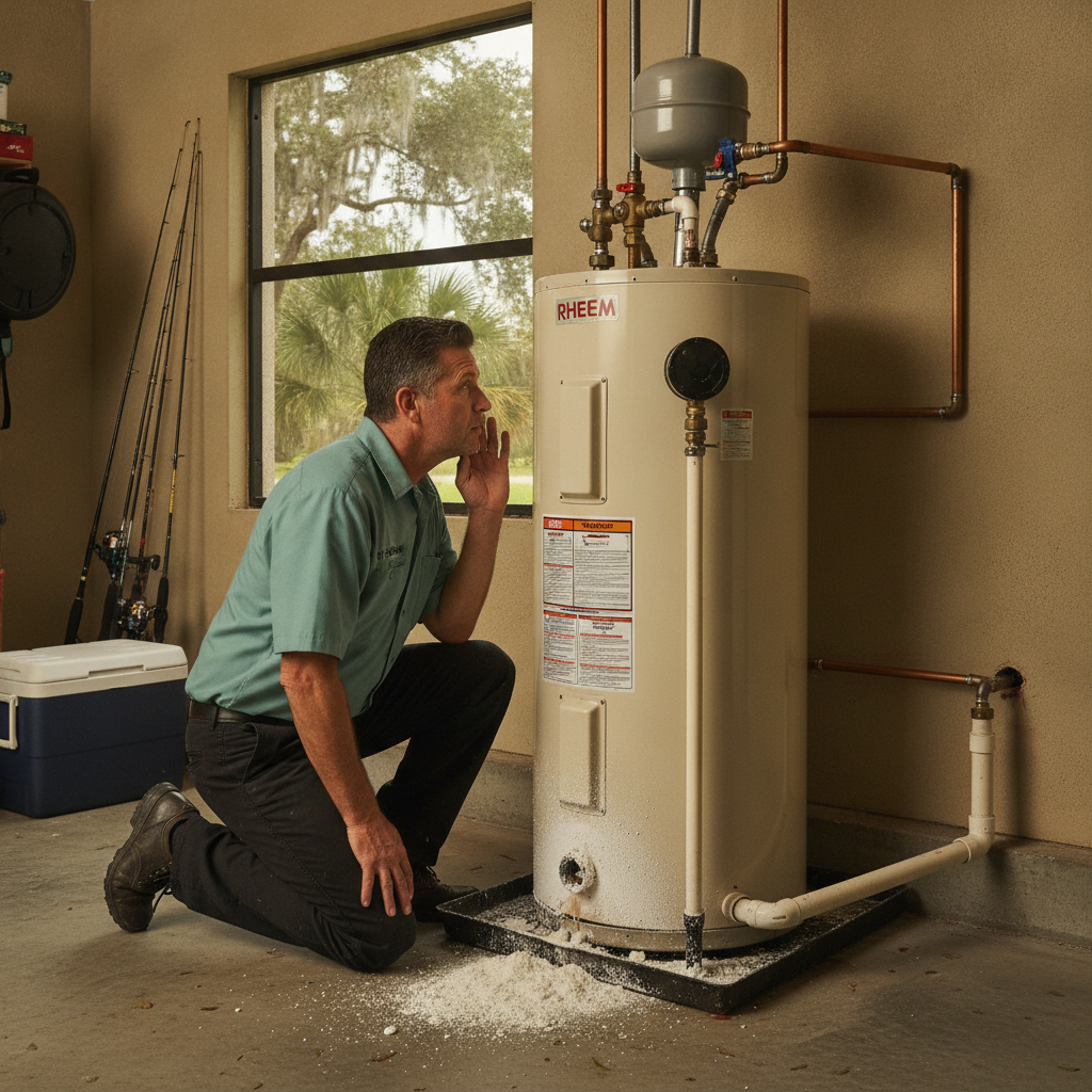 Homeowner checking a rumbling tank-style water heater in a Tampa Bay garage