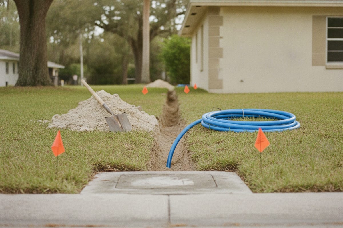 A narrow open trench cut through a Tampa front lawn, running from a flat concrete water meter lid set in the sidewalk in the foreground toward a cream concrete block house, with a coil of blue polyethylene water service pipe feeding down into the cut, a shovel standing in a mound of sandy spoil, and orange utility marking flags in the grass