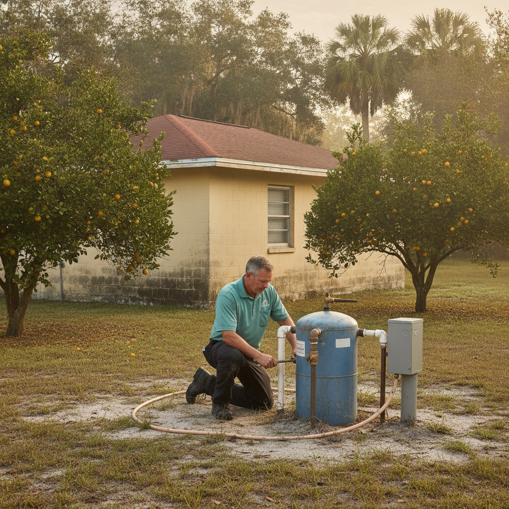 Older Zephyrhills block house with a well pressure tank in the sandy side yard