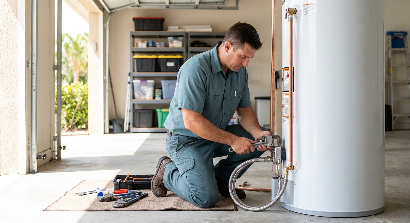 Plumber servicing a residential water heater in a Tampa garage