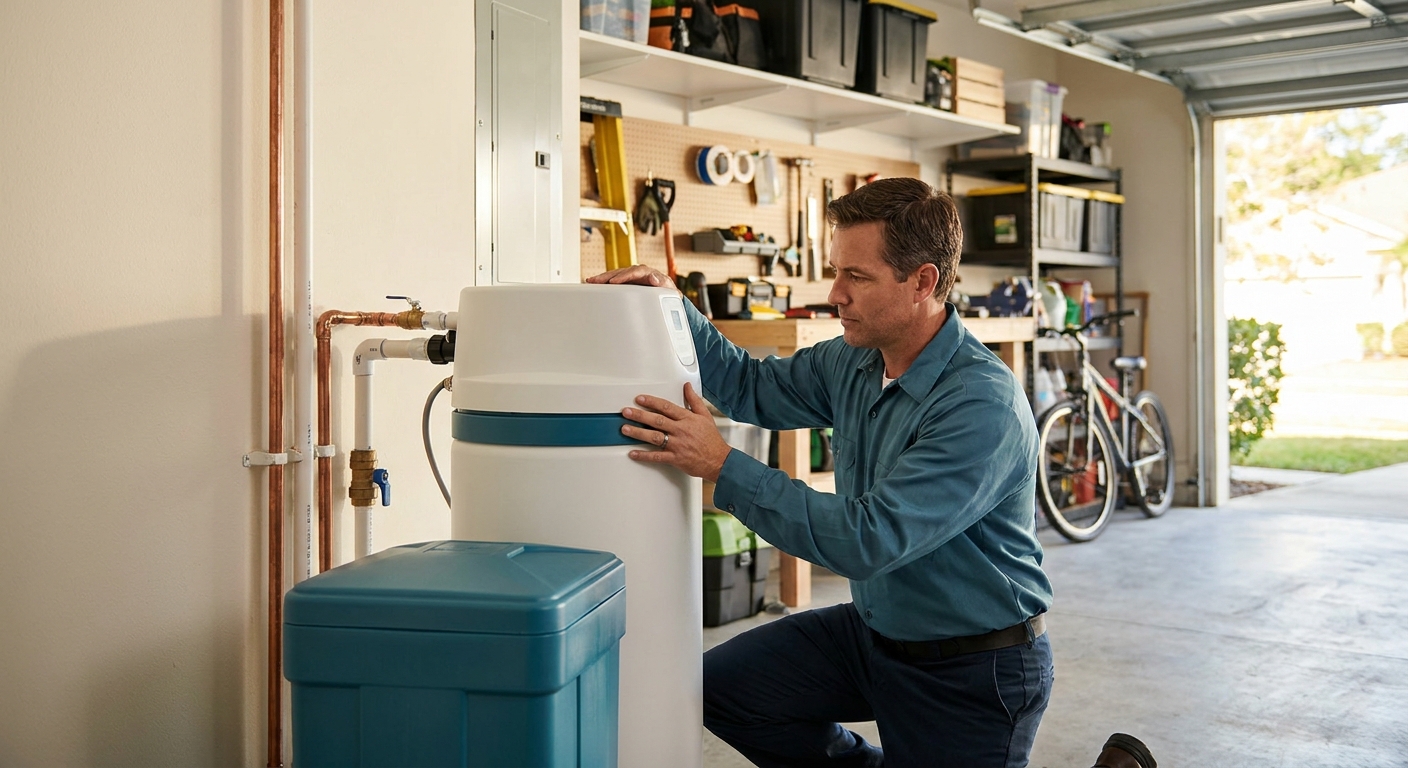Whole-home water softener and brine tank installed in a Tampa garage